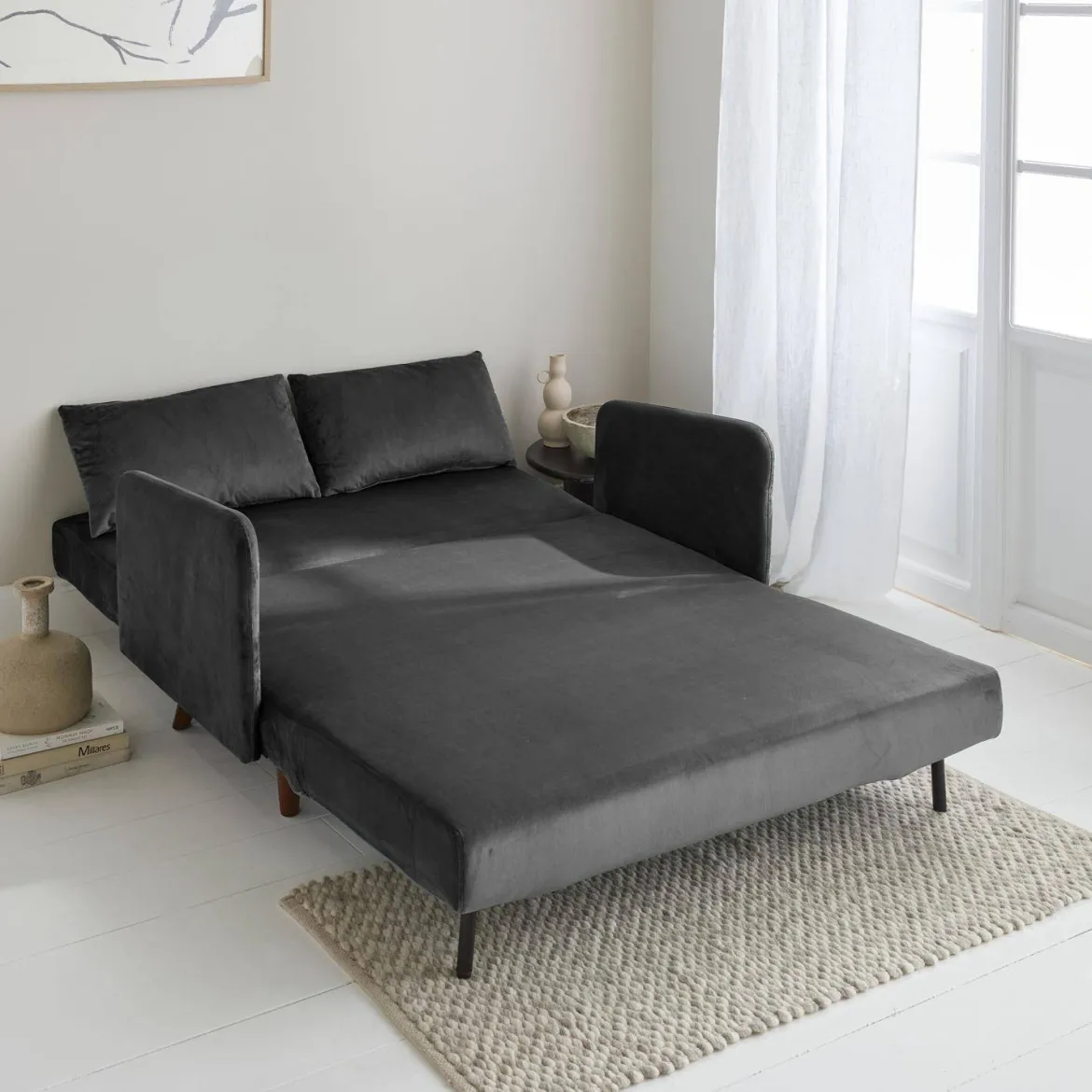 Divano letto in velluto con gambe in legno, 2 posti
