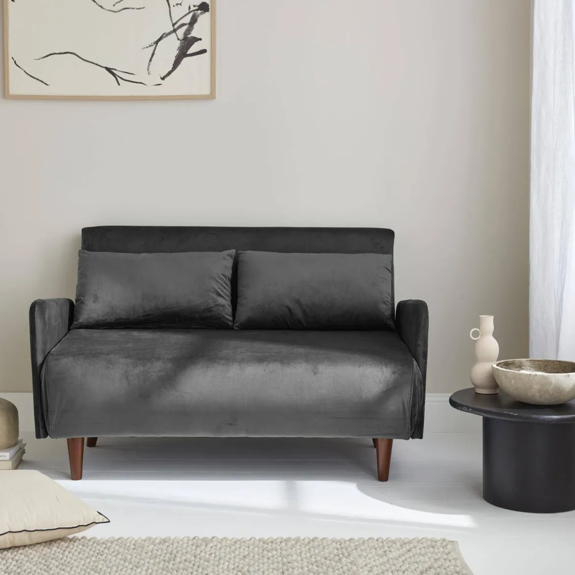 Divano letto in velluto con gambe in legno, 2 posti