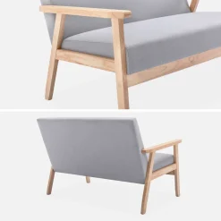 Divano stile scandinavo in legno e tessuto, 2 posti