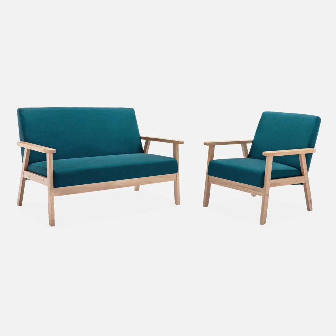 Divano stile scandinavo in legno e tessuto, 2 posti