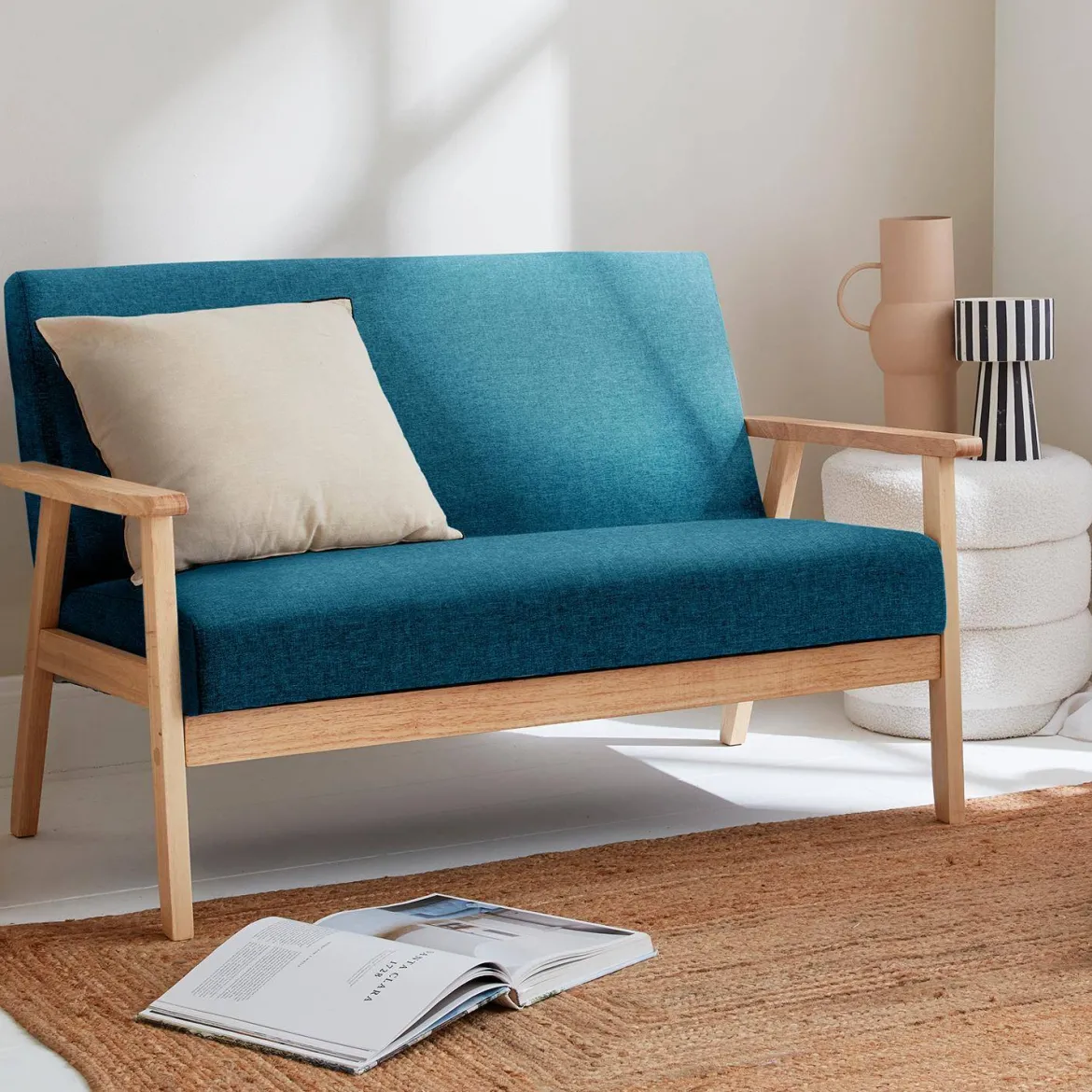 Divano stile scandinavo in legno e tessuto, 2 posti