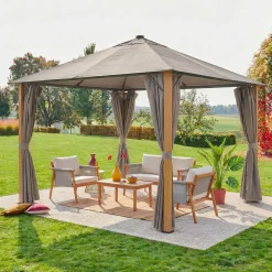 Gazebo da giardino 3x3m in alluminio effetto legno con tende e LED