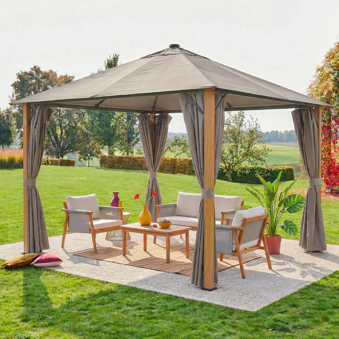 Gazebo da giardino 3x3m in alluminio effetto legno con tende e LED
