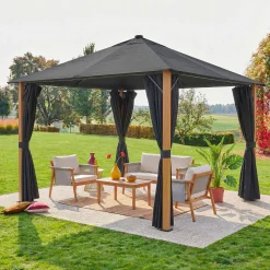 Gazebo da giardino 3x3m in alluminio effetto legno con tende e LED