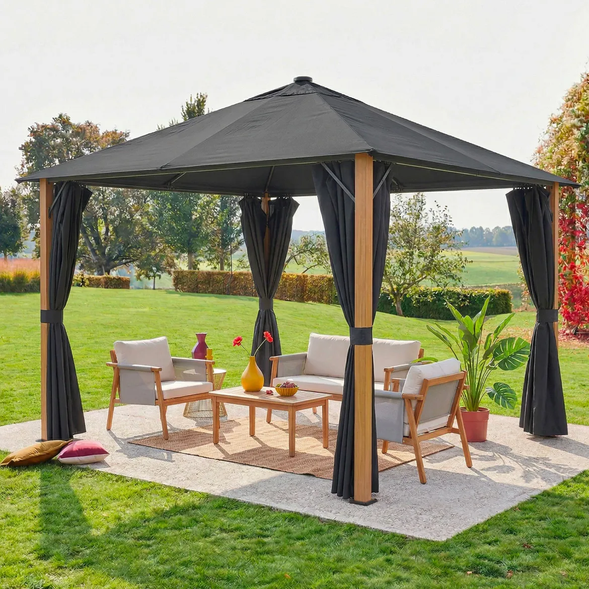 Gazebo da giardino 3x3m in alluminio effetto legno con tende e LED
