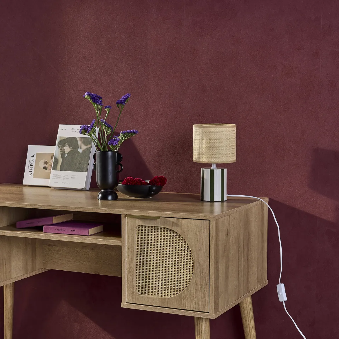 Lampada da tavolo interno ceramica paralume effetto rattan, 28cm