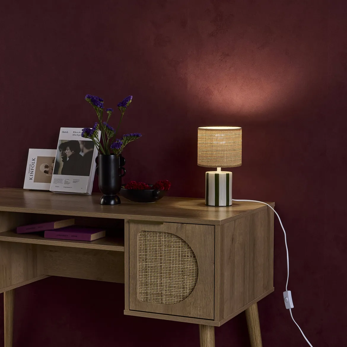 Lampada da tavolo interno ceramica paralume effetto rattan, 28cm
