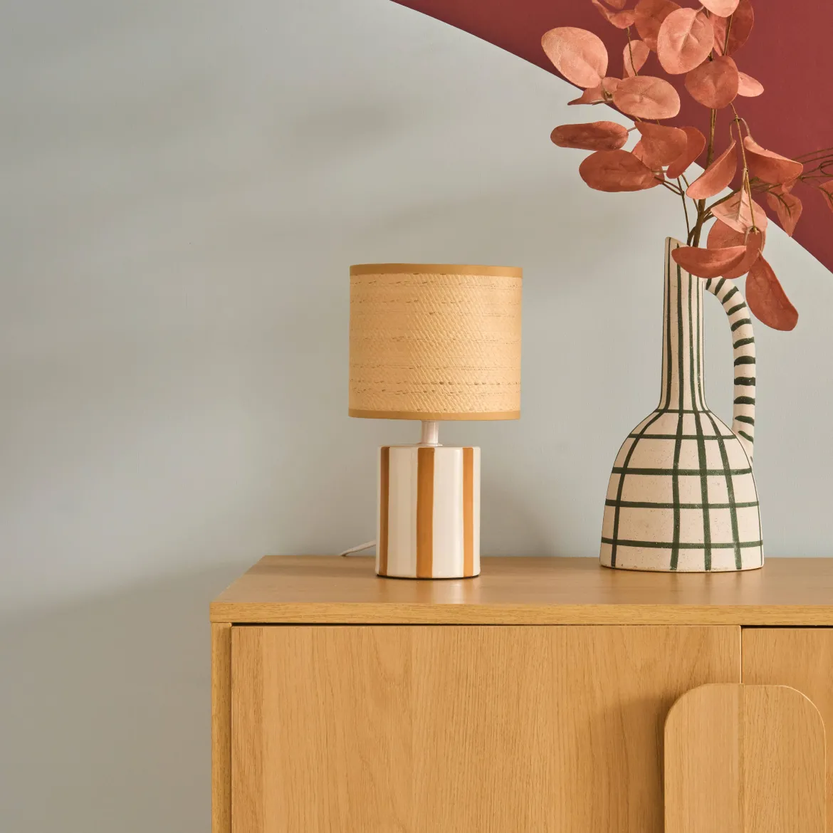 Lampada da tavolo interno ceramica paralume effetto rattan, 28cm