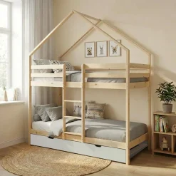 Letto a castello per bambini a forma di casa 190cm in pino naturale con cassetti
