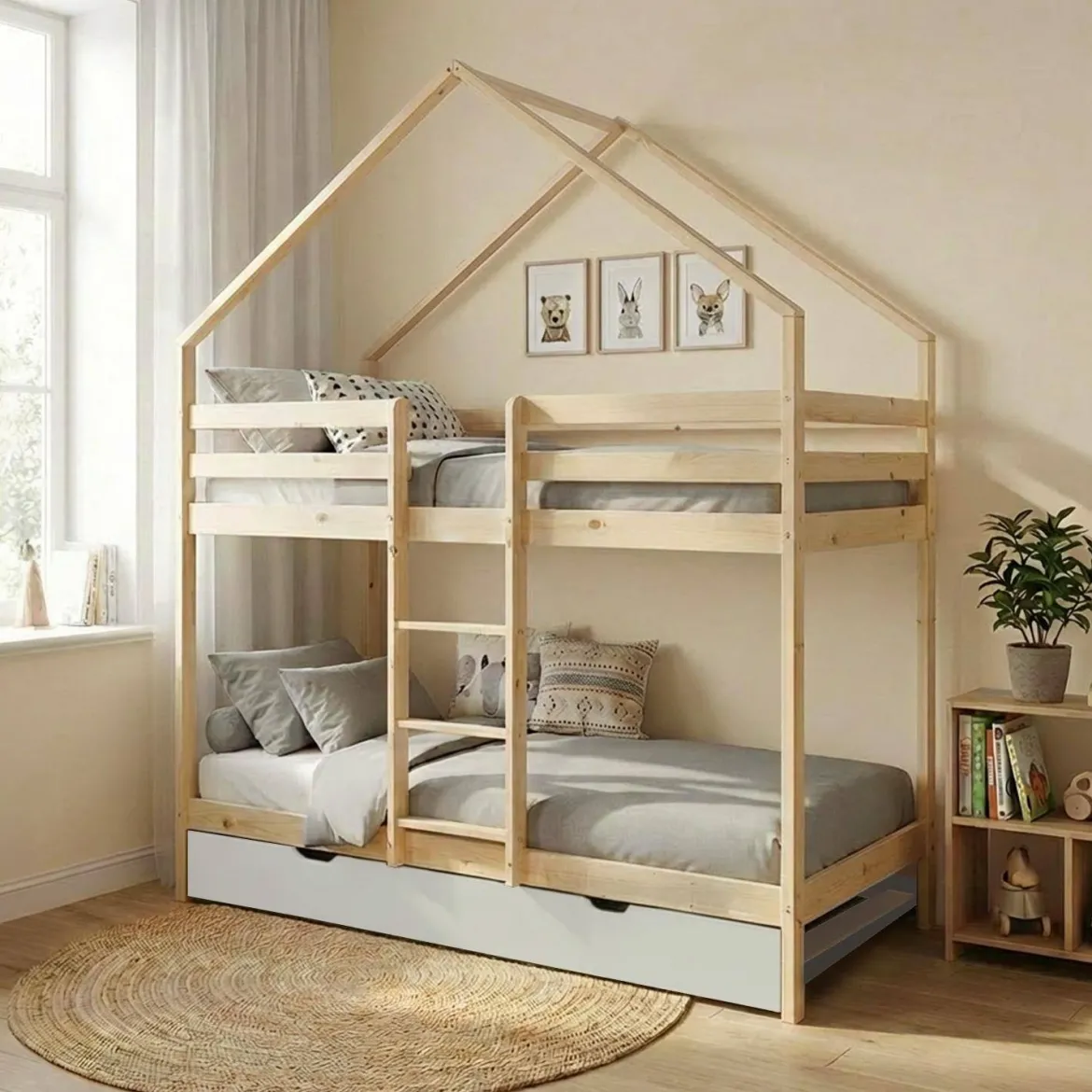 Letto a castello per bambini a forma di casa 190cm in pino naturale con cassetti