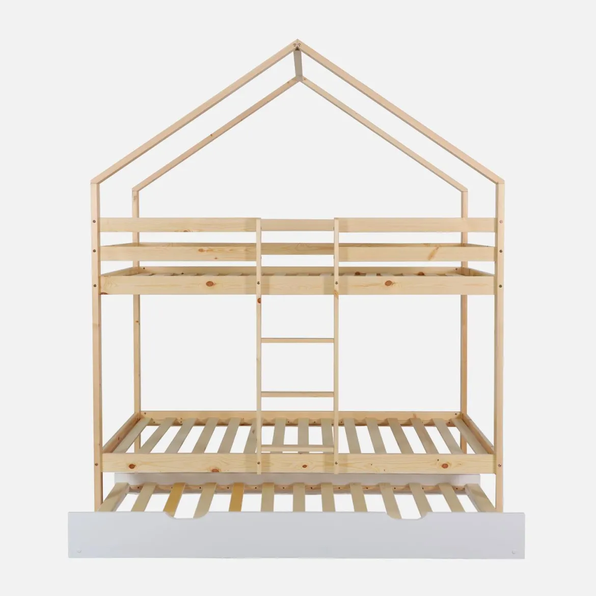 Letto a castello per bambini a forma di casa 190cm in pino naturale con cassetti