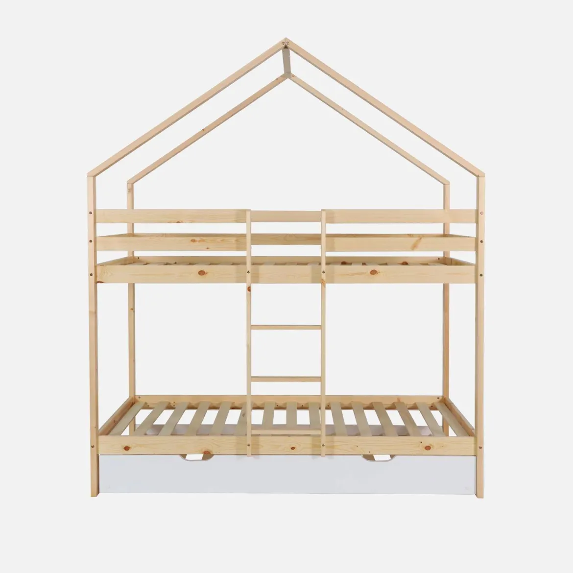Letto a castello per bambini a forma di casa 190cm in pino naturale con cassetti