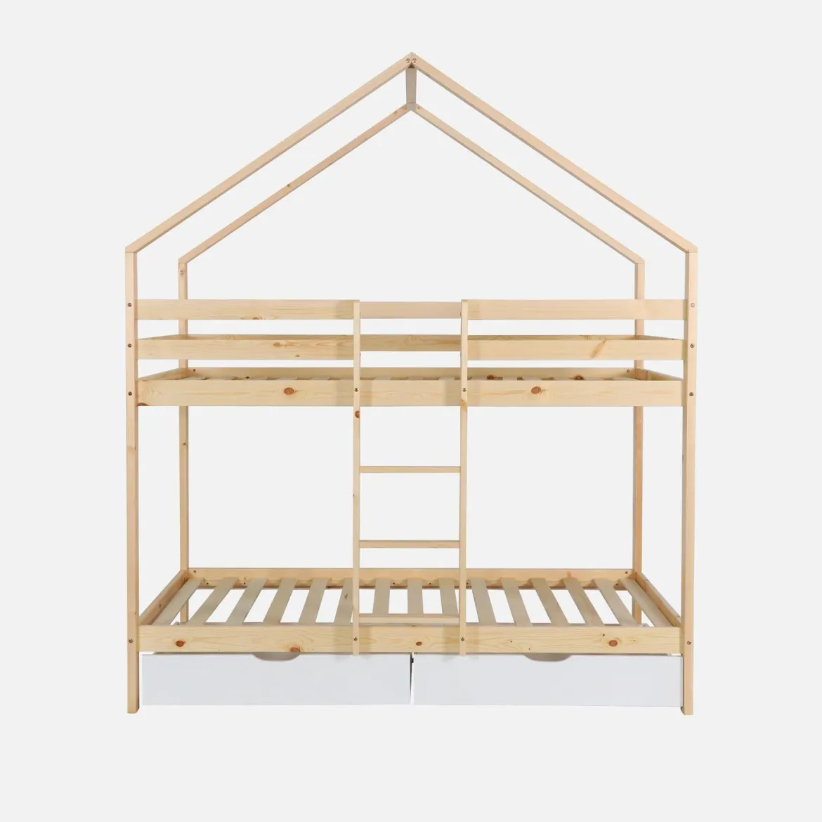 Letto a castello per bambini a forma di casa 190cm in pino naturale con cassetti
