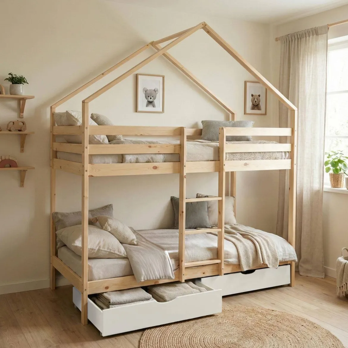 Letto a castello per bambini a forma di casa 190cm in pino naturale con cassetti