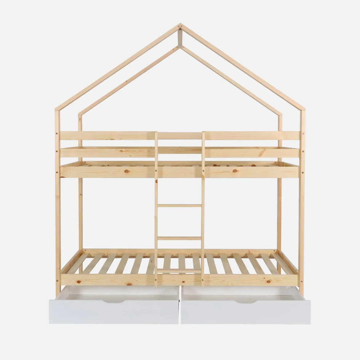 Letto a castello per bambini a forma di casa 190cm in pino naturale con cassetti