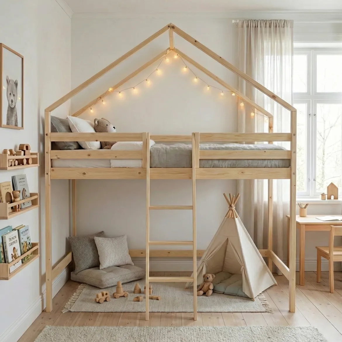 Letto a soppalco per bambini cabina 190cm in pino naturale