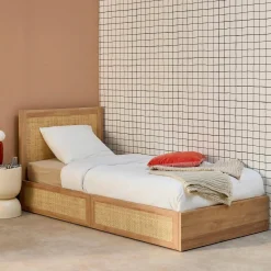Letto bohemien con rete a doghe e testiera 90cm + 2 cassetti