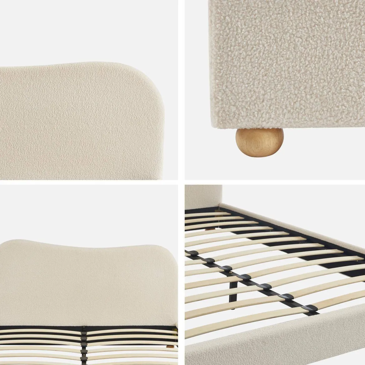 Letto con rete a doghe e testiera, bianco con finitura bouclé