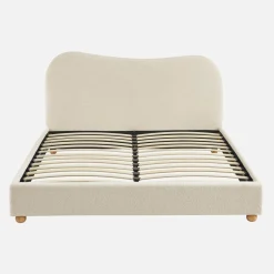 Letto con rete a doghe e testiera, bianco con finitura bouclé