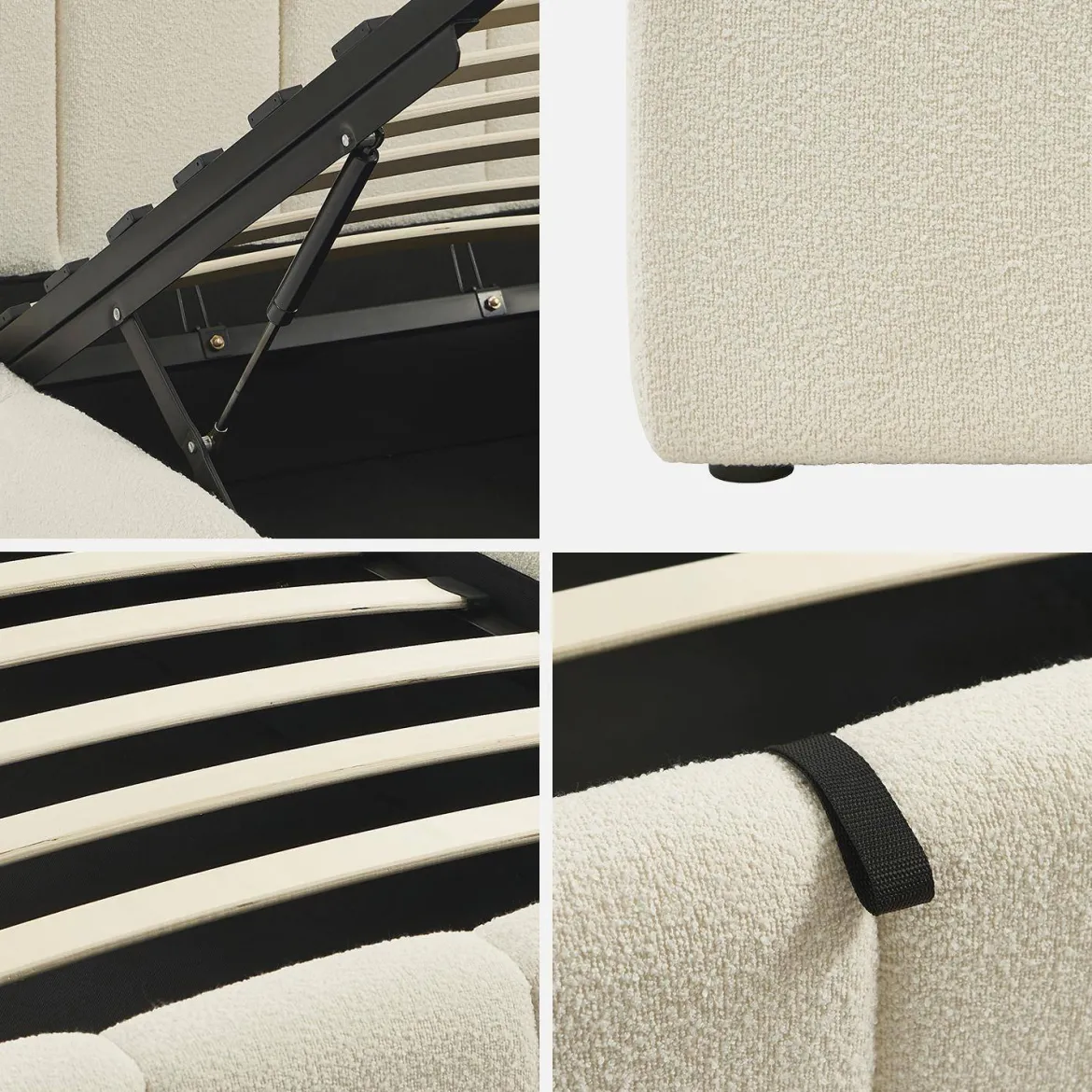 Letto contenitore con rete a doghe e testiera 90x190cm imbottito bouclé