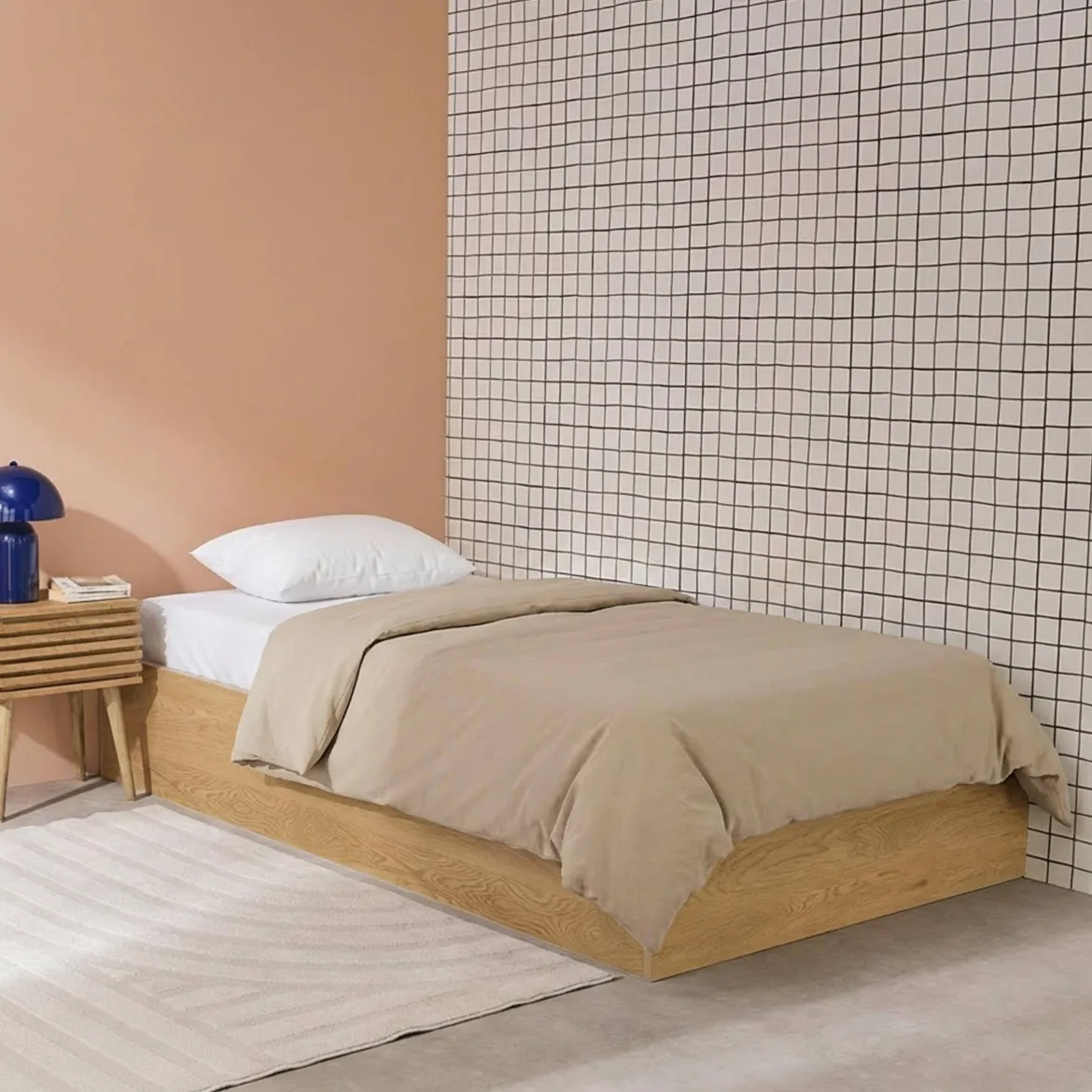 Letto contenitore con rete a doghe 90x190cm decorazione legno