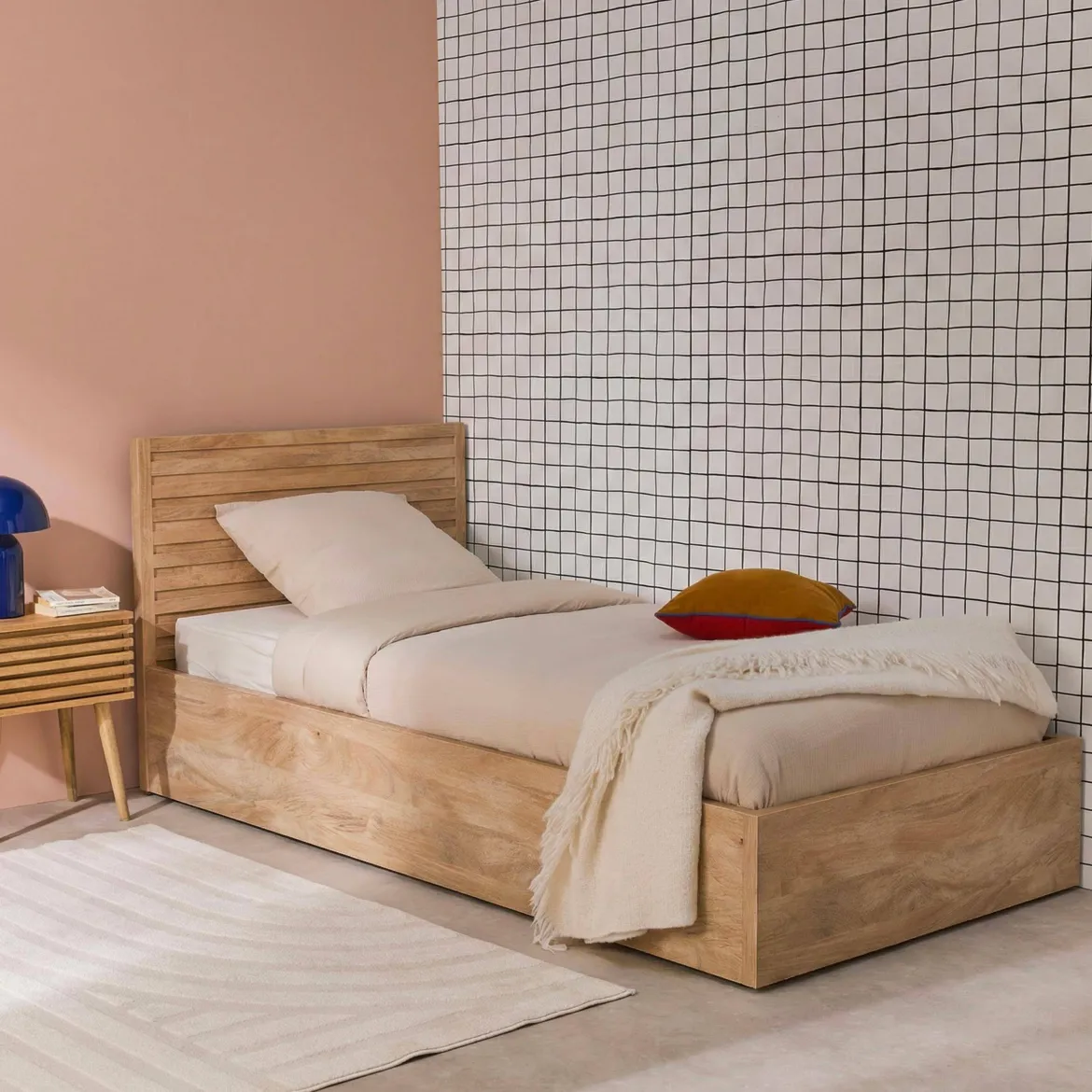 Letto contenitore con rete a doghe e testiera 90x190cm decorazione legno