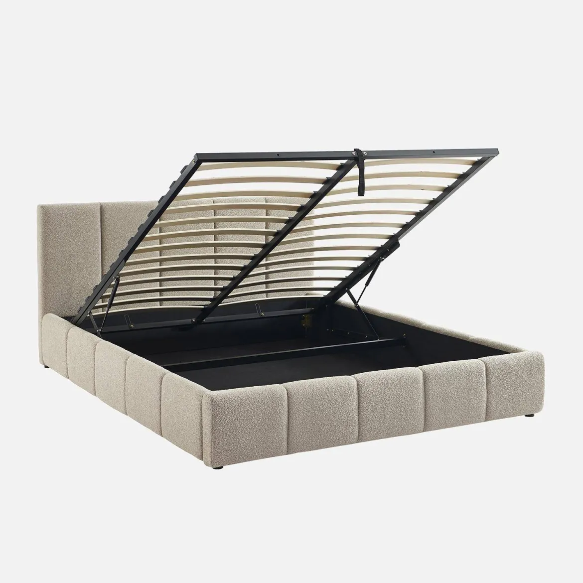 Letto contenitore con rete a doghe e testiera 160x200cm, bouclé