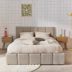 Letto contenitore con rete a doghe e testiera 160x200cm, bouclé