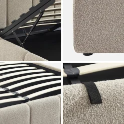 Letto contenitore con rete a doghe e testiera 160x200cm, bouclé