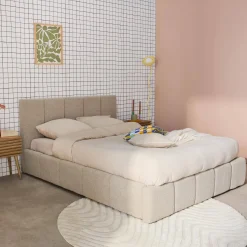 Letto contenitore con rete a doghe e testiera 160x200cm, bouclé