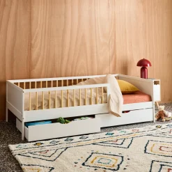 Letto nido per bambini 190cm in pino naturale con rete a doghe e cassetti,