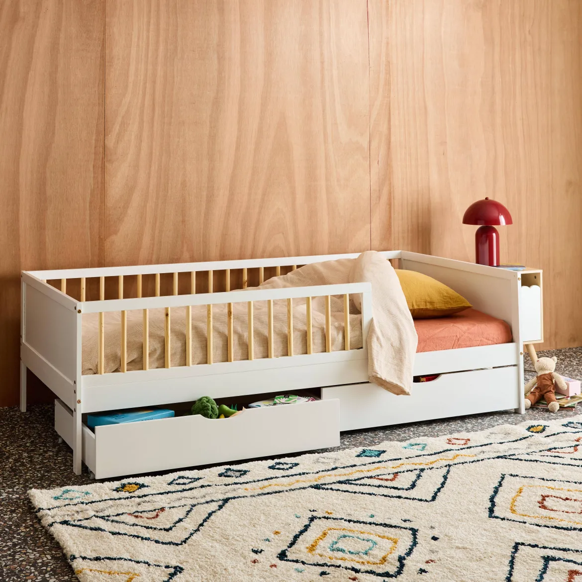 Letto nido per bambini 190cm in pino naturale con rete a doghe e cassetti,