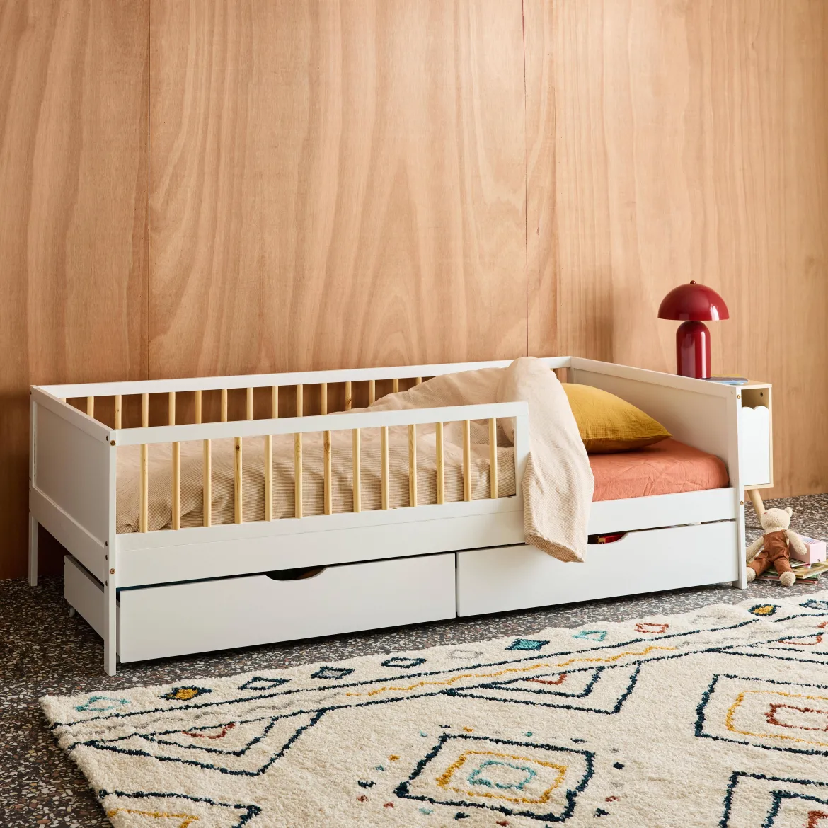 Letto nido per bambini 190cm in pino naturale con rete a doghe e cassetti,