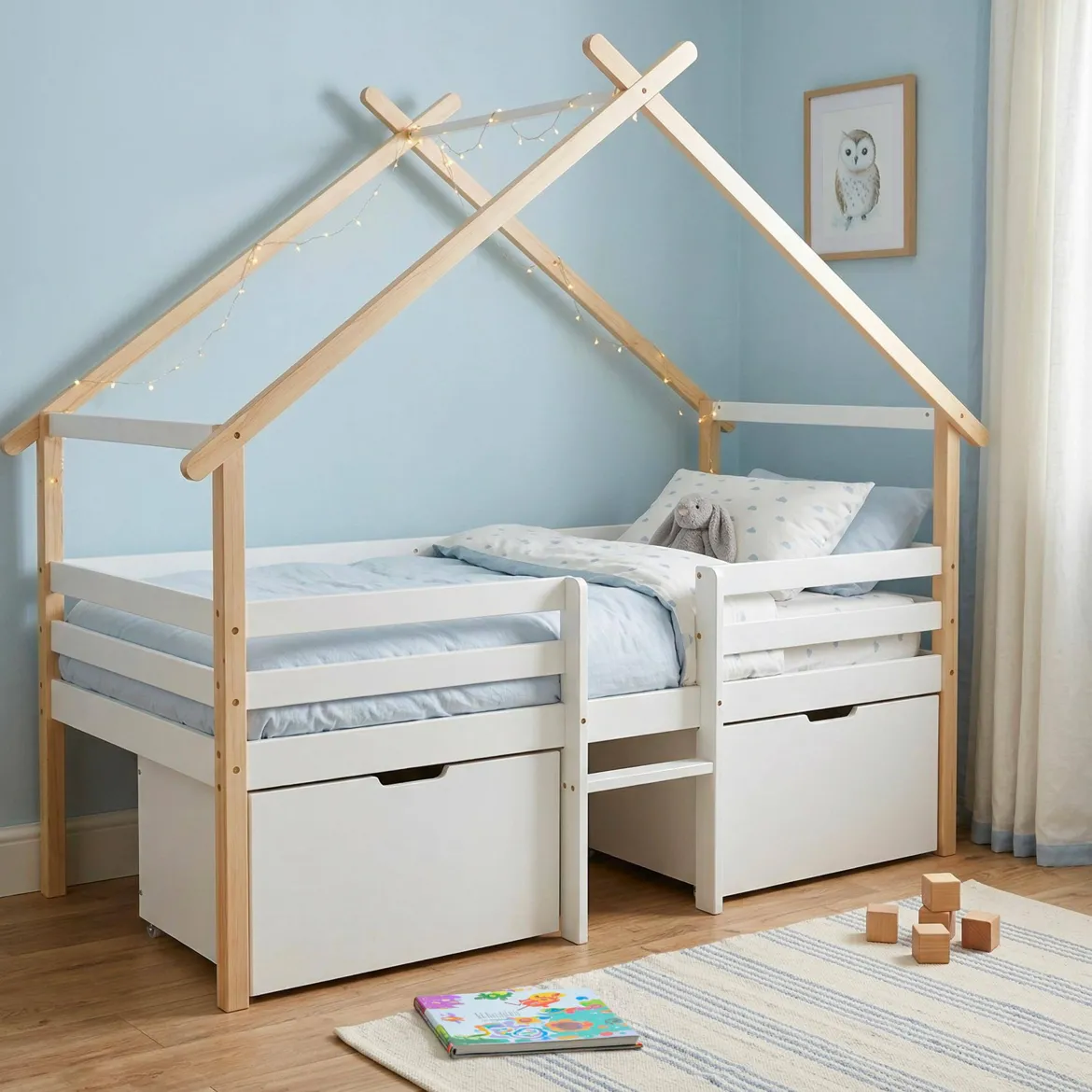 Letto per bambini 90 x 190 cm in legno di pino con rete a doghe inclusa e 2 cassetti