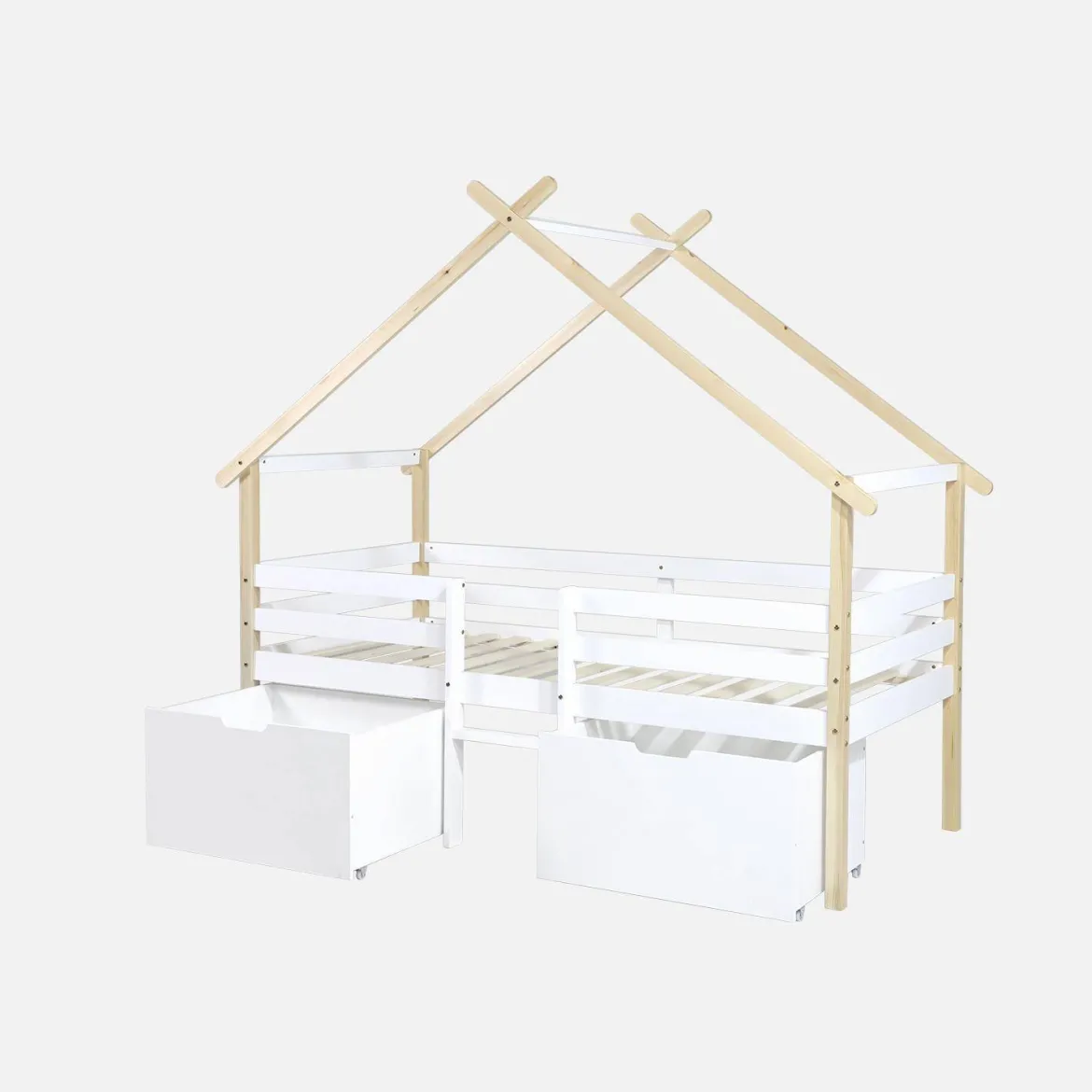 Letto per bambini 90 x 190 cm in legno di pino con rete a doghe inclusa e 2 cassetti