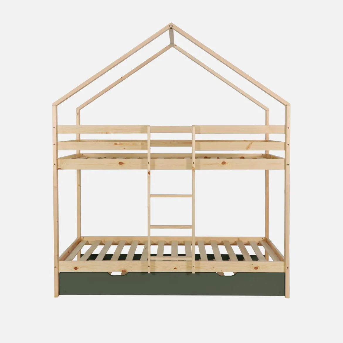 Letto a castello per bambini a forma di casa 190cm in pino naturale con cassetti