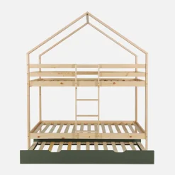 Letto a castello per bambini a forma di casa 190cm in pino naturale con cassetti
