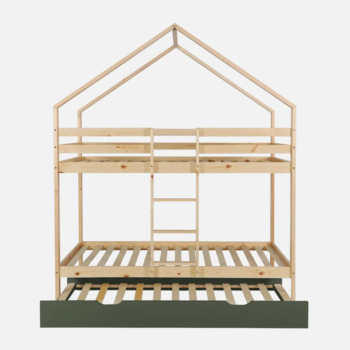 Letto a castello per bambini a forma di casa 190cm in pino naturale con cassetti