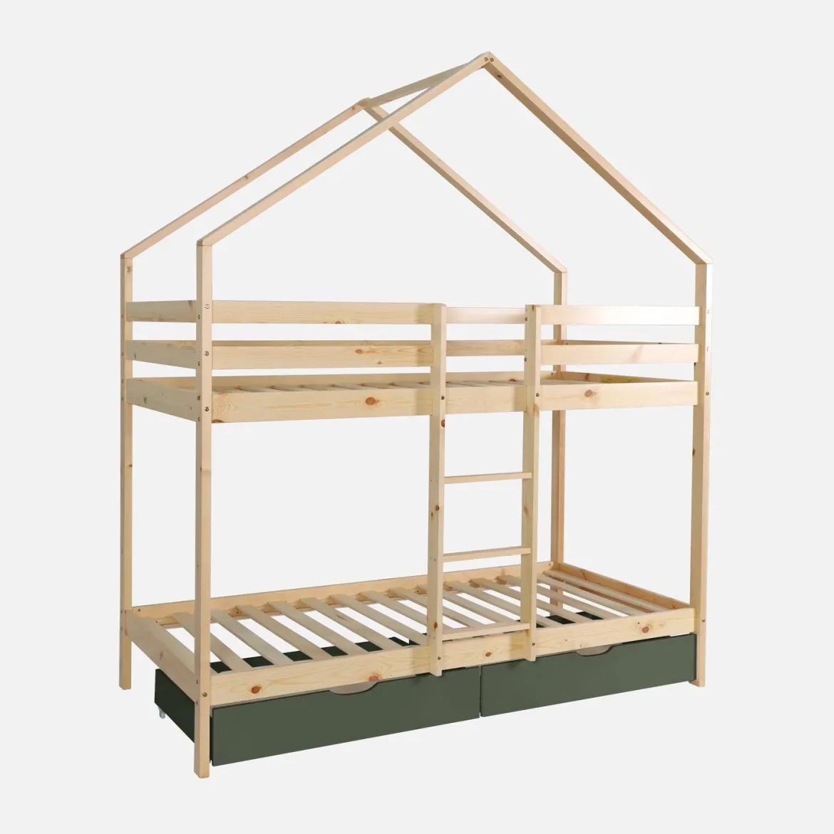 Letto a castello per bambini a forma di casa 190cm in pino naturale con cassetti