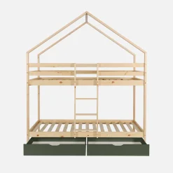 Letto a castello per bambini a forma di casa 190cm in pino naturale con cassetti