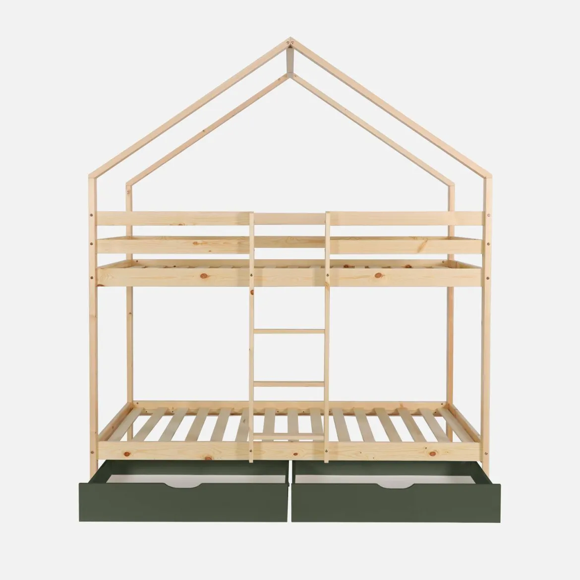 Letto a castello per bambini a forma di casa 190cm in pino naturale con cassetti