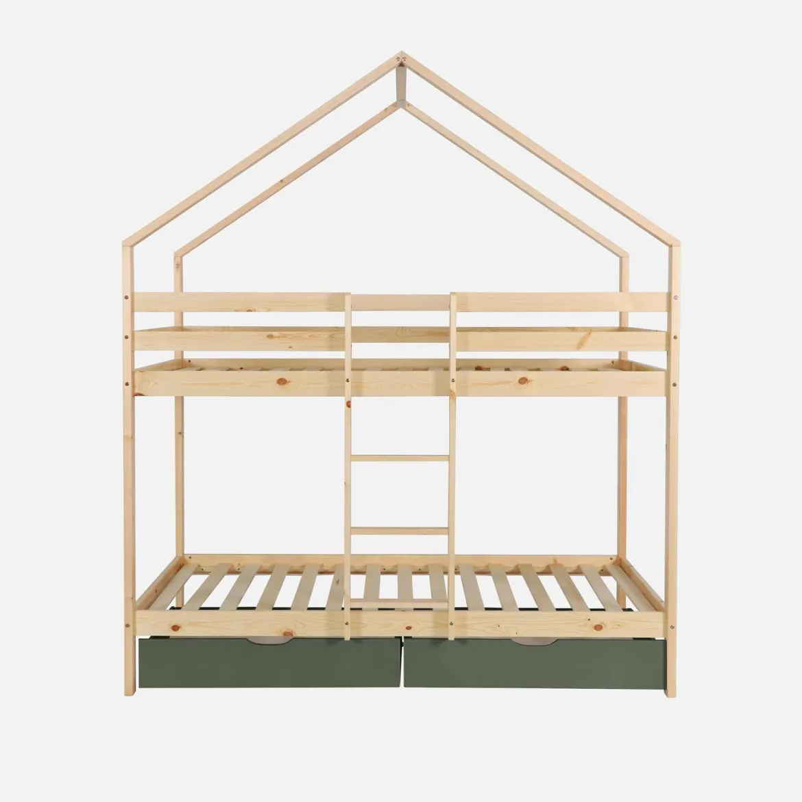 Letto a castello per bambini a forma di casa 190cm in pino naturale con cassetti