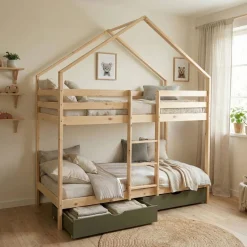 Letto a castello per bambini a forma di casa 190cm in pino naturale con cassetti