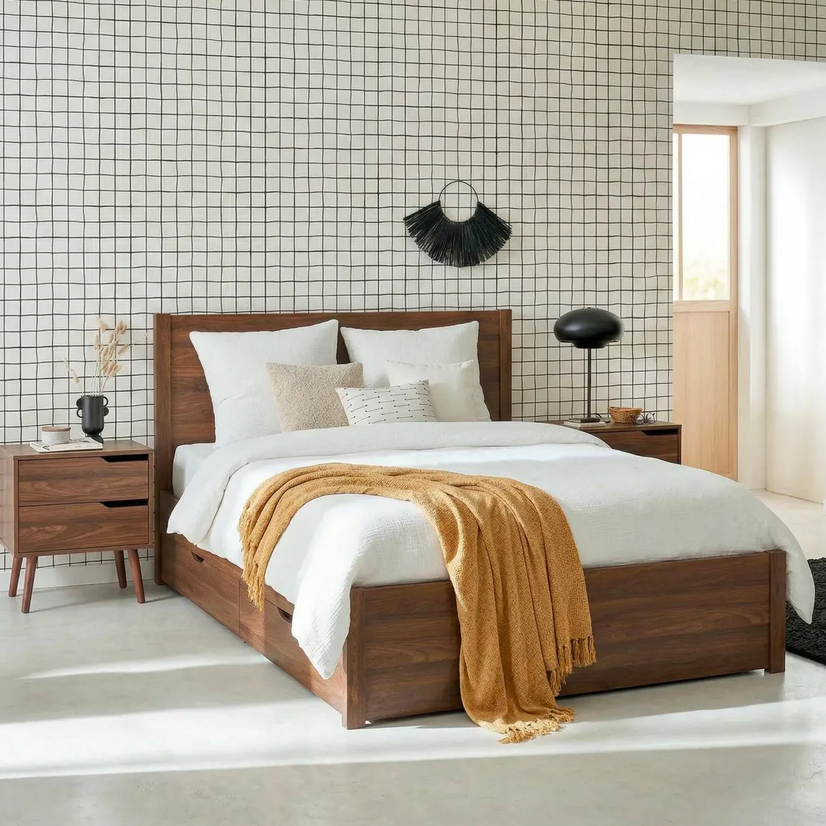 Letto con rete a doghe e testiera 160x200cm + 4 cassetti