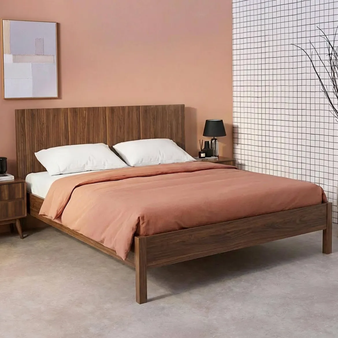 Letto con rete a doghe e testiera 160x200cm decorazione legno