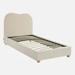 Letto con rete a doghe e testiera, bianco con finitura bouclé