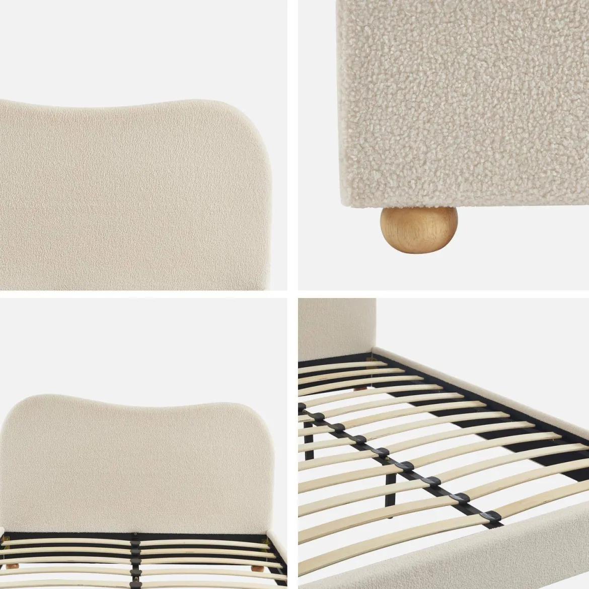 Letto con rete a doghe e testiera, bianco con finitura bouclé