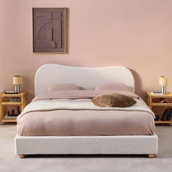 Letto con rete a doghe e testiera, bianco con finitura bouclé
