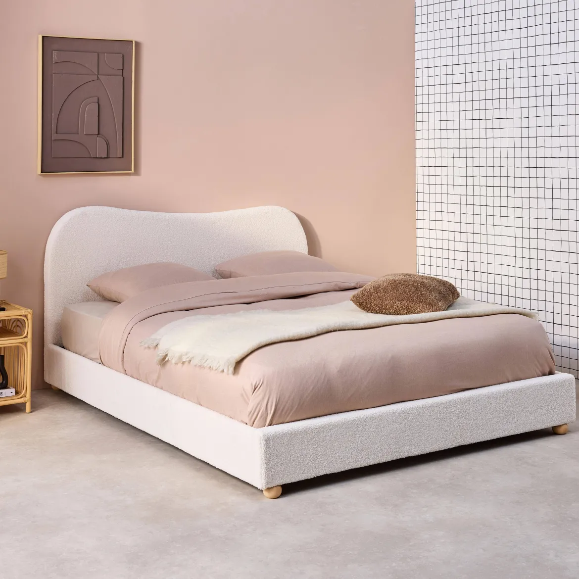 Letto con rete a doghe e testiera, bianco con finitura bouclé