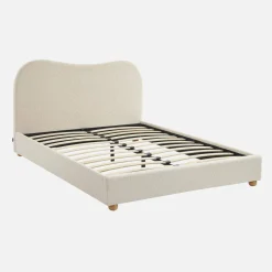 Letto con rete a doghe e testiera, bianco con finitura bouclé